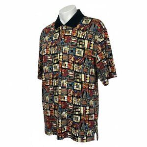 Riscatto Men's Polo Shirt Geometric Retro Patchwork Print Size Large NWOT